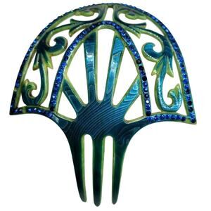 Vintage Romantic Art Nouveau Green Celluloid Blue Rhinestone Hair Comb Coquette